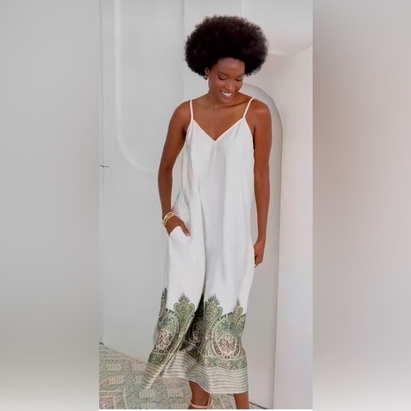 Liverpool Los Angeles Printed Border Maxi Dress size S/M Cream Olive Paisly - Picture 4 of 7